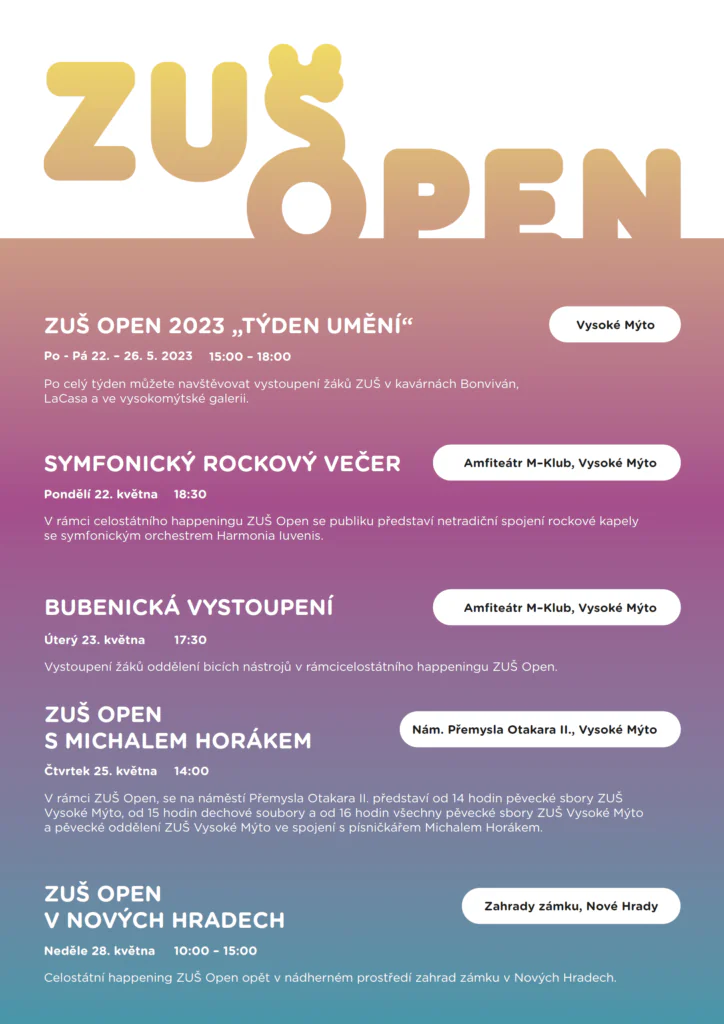 ZUŠ OPEN 2023 ve Vysokém Mýtě a na zámku v Nových Hradech